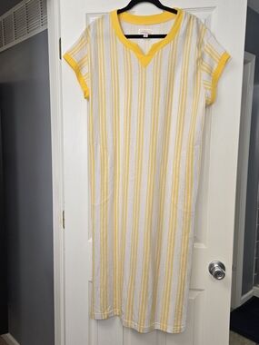 Stan Herman Small Yellow Cabana Striped 100% Cotton Caftan Patio Lounger Dress